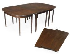 A mahogany D-end extending dining table, circa 1800 and later, pair of D-shaped ends, rectangular