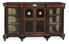 A Victorian ebonised, amboyna, porcelain inset and gilt metal mounted side cabinet, circa 1870,