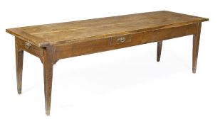 An oak and fruitwood farmhouse table, 19th century, with two central drawers, square tapered legs,
