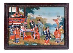 A Chinese export reverse painted glass picture, late 19th/early 20th century, depicting figures in