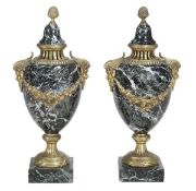 A pair of marble and gilt metal mounted vases and covers, in French 18th century style, with a bell