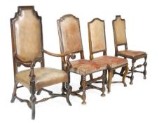 A Continental oak and walnut high back armchair, circa 1690 and later, the arched rectangular back