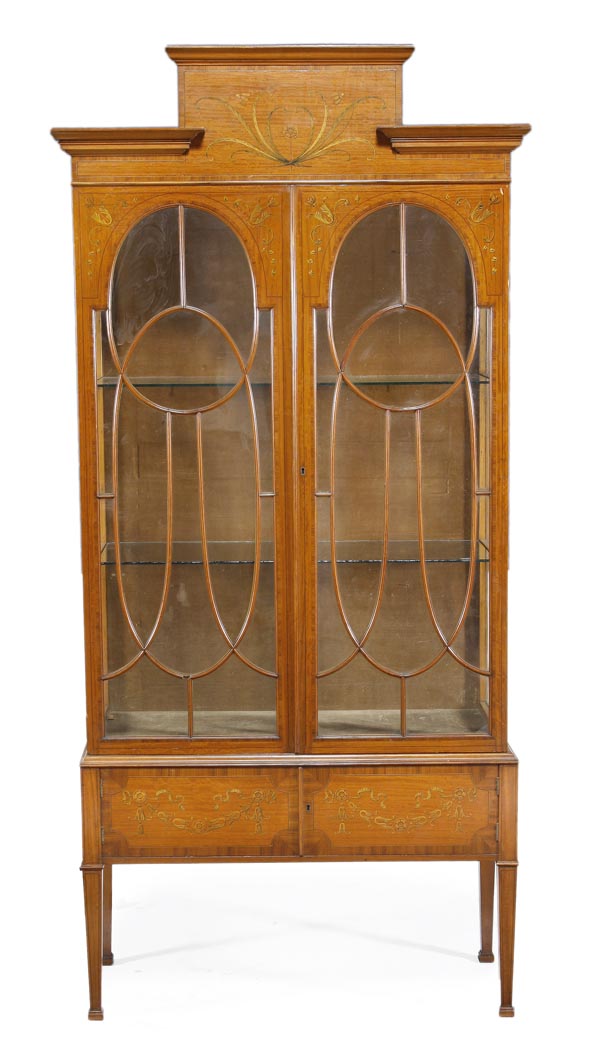 A satinwood and marquetry display cabinet, circa 1910, moulded cornice and floral decorated frieze,