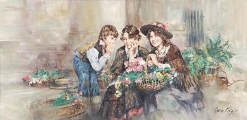 DDS. Gordon King (b. 1939) Children selling flowers, Oil on canvas, Signed lower right, 51 x 101.