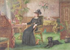 John Parker (1839-1915) A lady writing in an interior, with her pet dogs, Watercolour, Signed with