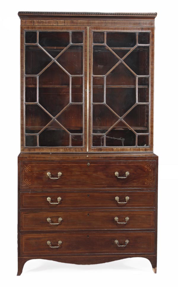 A George III mahogany secretaire bookcase, circa 1790, dentil moulded cornice, pair of astragal
