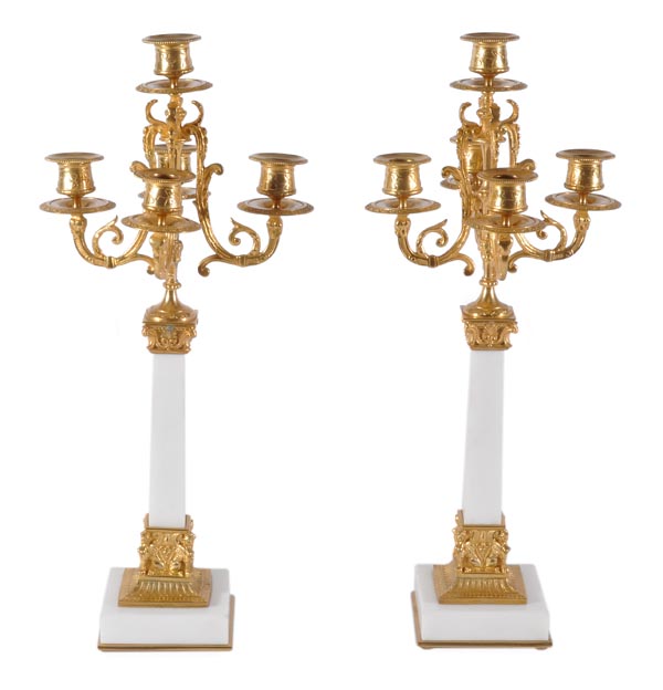 A pair of Continental white marble and gilt metal mounted five light candelabra, mid 20th century,