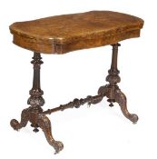 A Victorian burr walnut and walnut folding card table, circa 1870, shaped top opening to a baize