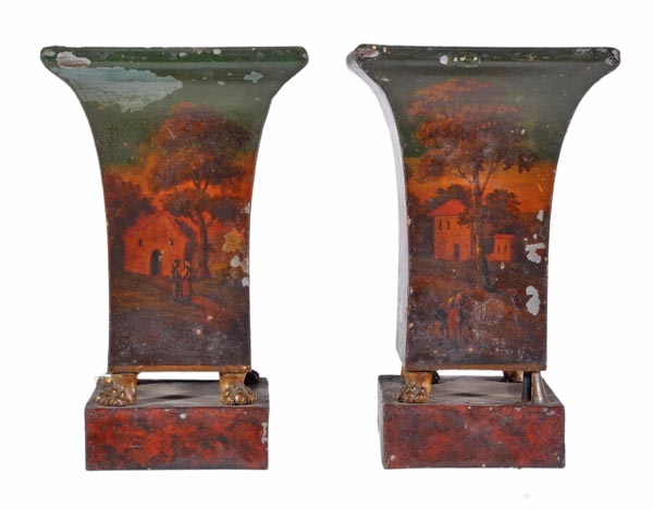 A pair of Regency japanned metal chestnut urns, circa 1815, of square section, the tapering bodies