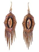A pair of Victorian gold earpendants, the marquise shaped panels with bead and ropetwist