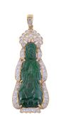 A jadeite and diamond Buddha pendant, the jade plaque carved to depict a seated Buddha, within a