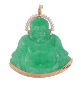A jadeite Buddha pendant, the laughing seated Buddha with a halo of white stones, length including