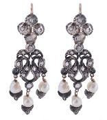 A pair of cultured pearl and diamond chandelier earrings, the slightly baroque cultured pearl drops