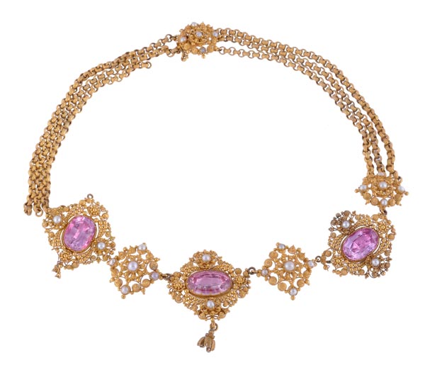 An early 19th century foilbacked topaz and pearl set cannetille necklace, with graduated oval mixed