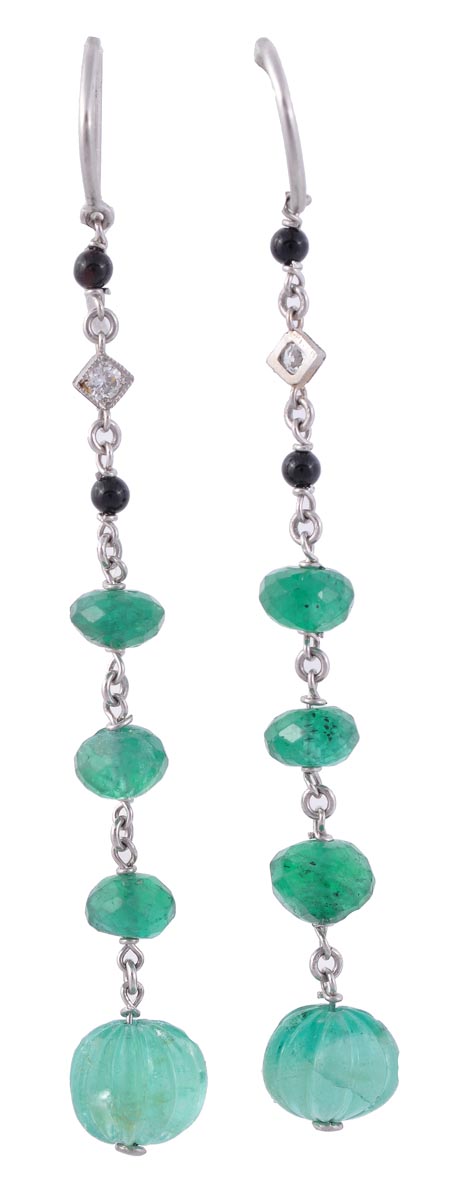 A pair of emerald onyx and diamond earpendants, the earpendants with fish hook attachments