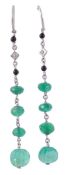 A pair of emerald onyx and diamond earpendants, the earpendants with fish hook attachments