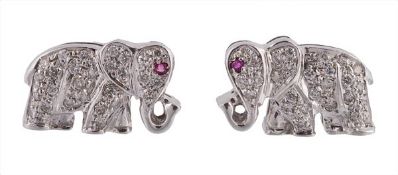 A pair of diamond elephant ear studs, each standing elephant pavé set with brilliant cut diamonds,