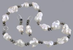 A baroque pearl and labradorite necklace and earpendant suite, the necklace with baroque pearls