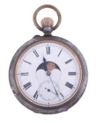 A gun metal moonphase double dial full calendar Swiss pocket watch, circa 1900, the three piece