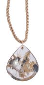 A rutilated rock crystal pendant, the pear shaped polished rock crystal pendant with yellow rutile