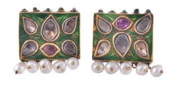 A pair of earstuds, the rectangular shaped earstuds set with lasque cut diamonds on a green enamel