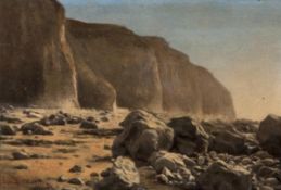 J. Leon Dusautoy (1817-1894), Cliffs and rocks,, Oil on board, Signed lower left, 12 x 18 cm (4 3/4