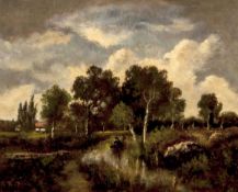 Circle of Narcisse Virgile Diaz de la Pena, River landscape with farmhouse beyond, Oil on panel,