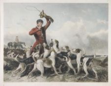 After Richard Ansdell, Huntsman and hounds, Engraving by T. Oldham, with handcolouring, 75 x 97