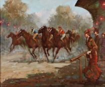 DDS. Tommaso Principe (b. 1942), Horse racing, Oil on canvas, Signed lower left, 50 x 60 cm (19 3/4