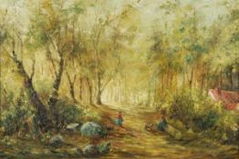 Attributed to Willem Cornelis Rip (1856-1922), Figures in a woodland clearing, Oil on canvas, Bears