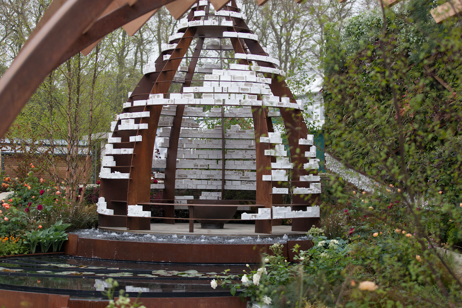 *Garden roomOpen, steel structure in shape of Pottery bottle kiln, 4.8m high by 4m dia. in rusted