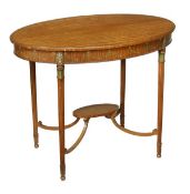 An Edwardian satinwood and painted oval centre table, circa 1910, moulded frieze painted with