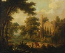 Circle of John Rathbone, A wooded river landscape with a ruined abbey and two travellers on a path,