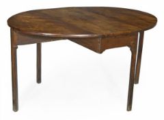 A George III yew dropleaf table, circa 1780, hinged oval top, square legs, 72cm high, the top 102cm