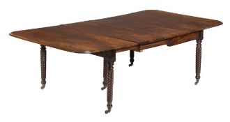 A Regency mahogany dining table, circa 1815, hinged top, wrythen turned legs, 72cm high, the top