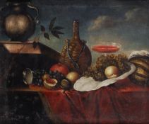 Italian School (18th Century), Grapes, figs, a melon, peaches, a wicker flask and a roemer of wine