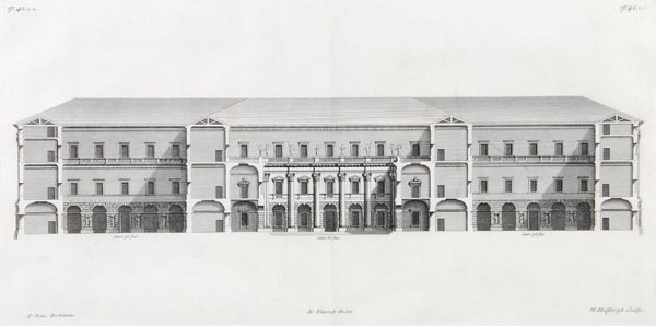 Six various prints depicting architecture, late 18th century, comprising two plans, three