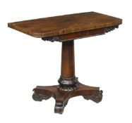 A George IV rosewood folding card table, circa 1815, folding top, scroll carved frieze, turned