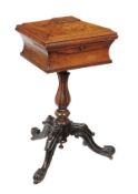 A William IV rosewood teapoy, circa 1835, sarcophagus shaped top, hinged lid opening to twin