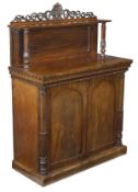 A William IV mahogany side cabinet, circa 1835, superstructure incorporating a shelf with lappet