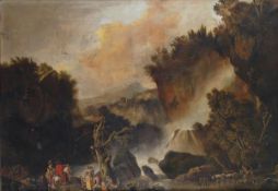 Flemish School (18th century), Travellers resting before a waterfall, Oil on canvas 123 x 172.5cm (