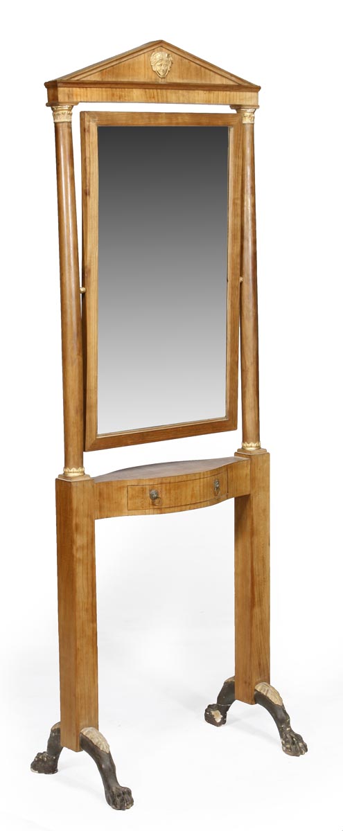 A birch cheval mirror in Empire style, first half 19th century, arched crest, rectangular plate,