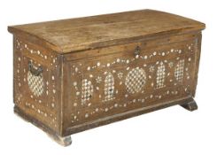 A Colonial hardwood and inset chest, late 18th/early 19th century, loose lid, opening to two candle