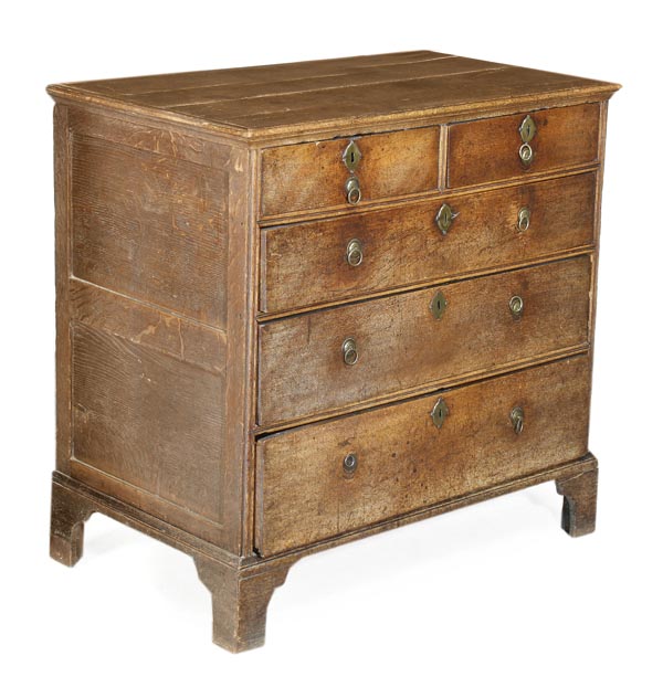 A William and Mary oak chest of drawers, circa 1680, rectangular top, two short and three long