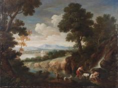 Circle of Jan Frans van Bloeman, called Orizzonte, Shepherds in a river landscape, Oil on canvas