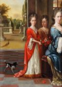 Manner of Henri Gascars, Three ladies assembled on a terrace, Oil on canvas, 69.5 x 53cm (27 1/4 x