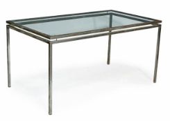 A chromed metal and glass inset table, second half 20th century, rectangular top, square section