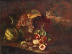 Follower of Felice Boselli, Grapes, melon, figs and peaches on a ledge, Oil on canvas 73.5 x 98cm (