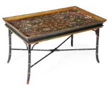 A Kashmiri polychrome lacquer and parcel gilt decorated tray, 19th century, the underside inscribed