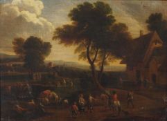 Circle of Pieter Bout A river landscape with travellers on a track, villagers conversing and